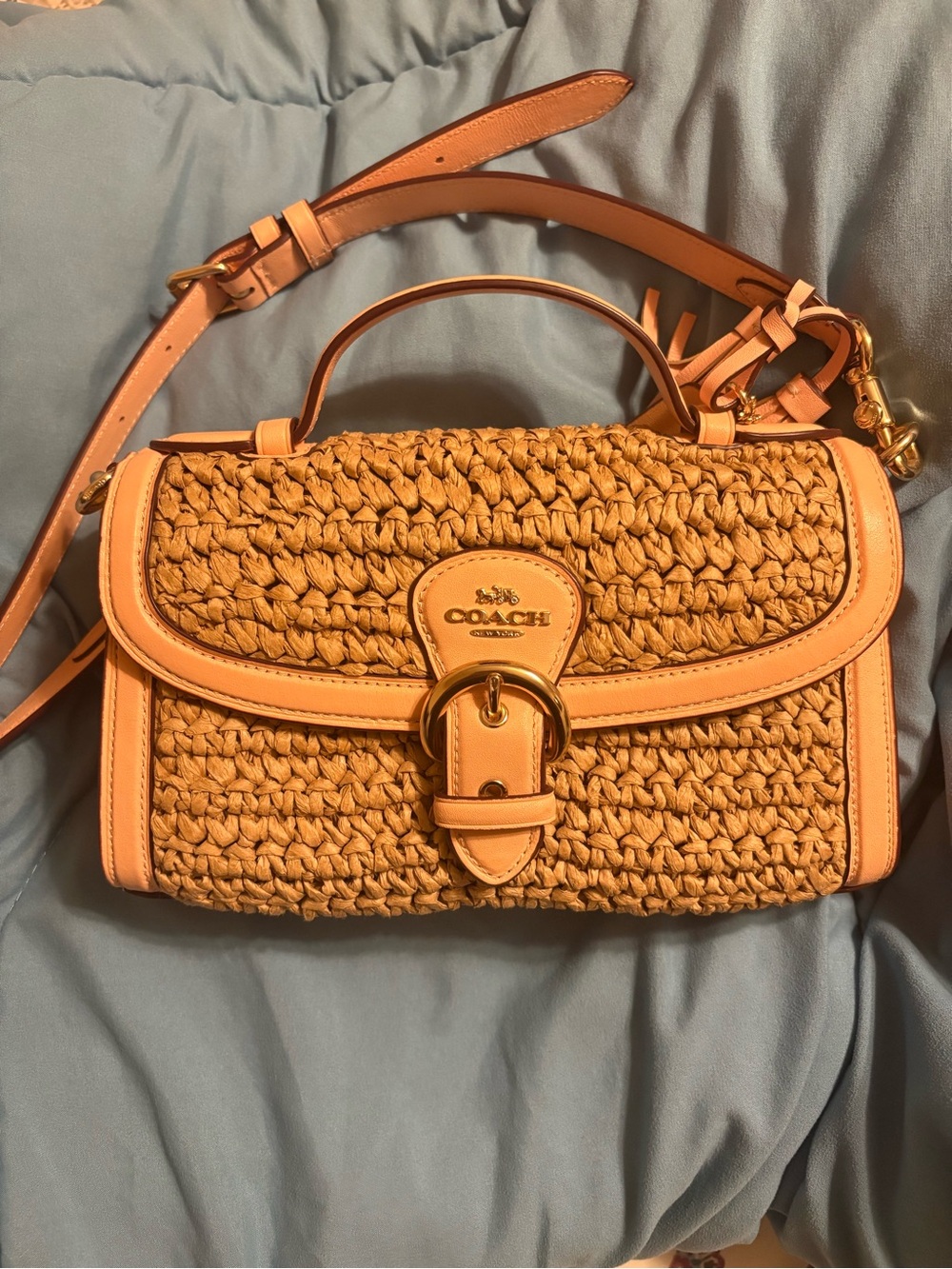 Coach Tan Woven Crossbody Satchel with Leather Trim